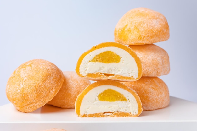 Delicious mochi on a white background, close-up. Traditional Japanese dessert