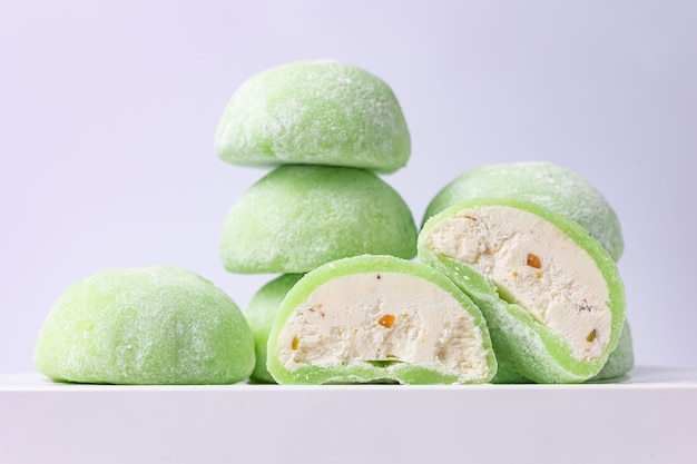 Delicious mochi on a white background, close-up. Traditional Japanese dessert