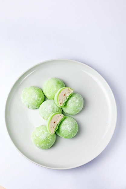 Delicious mochi on a white background, close-up. Traditional Japanese dessert