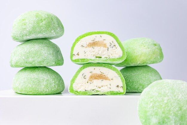 Delicious mochi on a white background, close-up. Traditional Japanese dessert