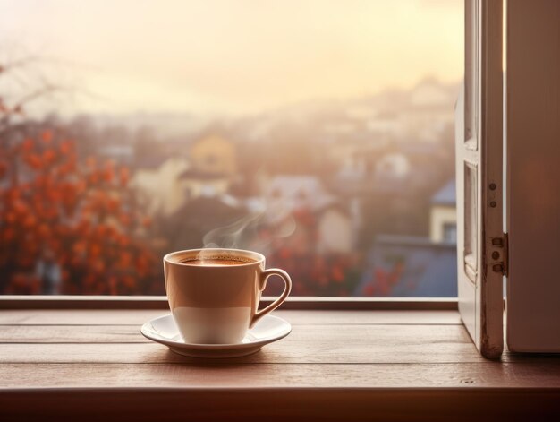 窓の近くで美味しい朝のコーヒー