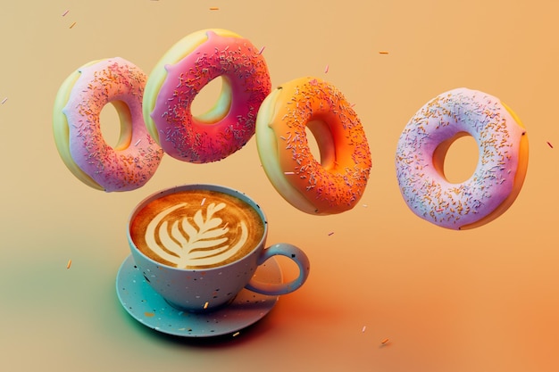 Delicious morning coffee with donuts a cup of coffee and donuts flying across the pastel background