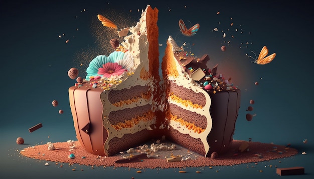 Delicious mouthwatering cake surrounded by fluttering butterflies