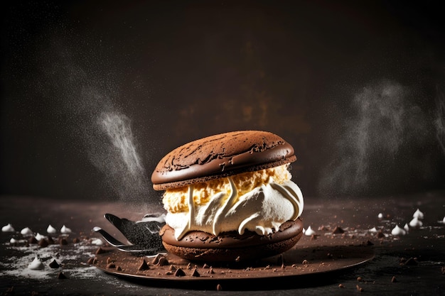 Delicious mouthwatering chocolate desserts whoopie pie with cream on dark background