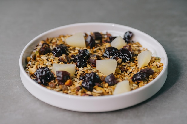 Delicious muesli on a plate in a restaurant