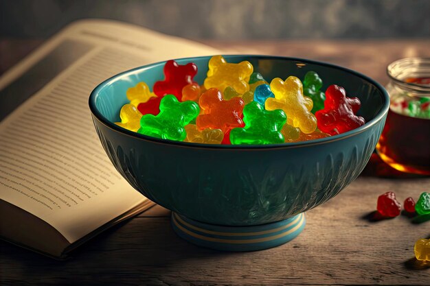 Delicious multicolored gummy bears in bowl on table