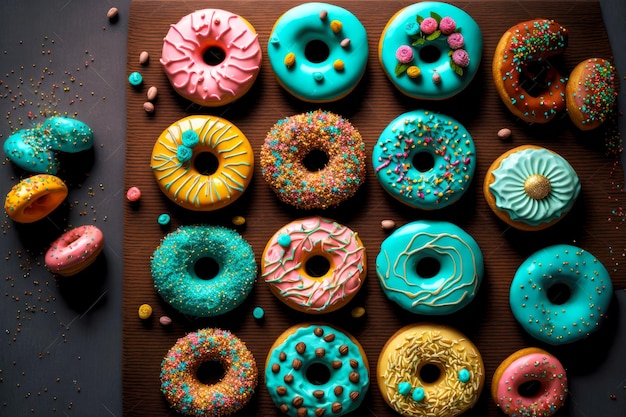 Delicious multicolored homemade donuts with decoration laid out