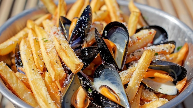 Delicious Mussels and French Fries with Parmesan Cheese in a Metal Bowl on a Wooden Background