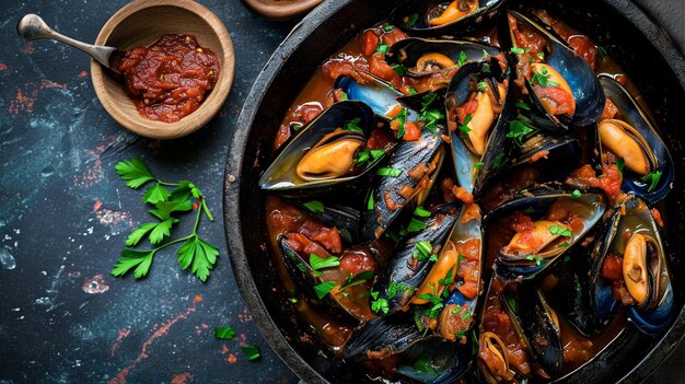 Photo delicious mussels in tomato and garlic sauce with dark color palette