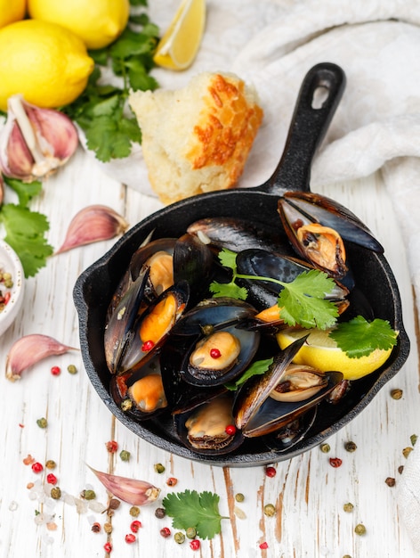 Delicious mussels in white wine