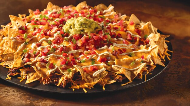 Foto delicious nachos met gesmolten kaas en verse toppings closeup