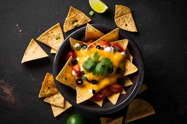 Foto deliziosi nachos con formaggio vista superiore su sfondo nero spuntino perfetto