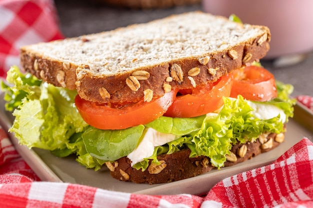 Delicious natural sandwich with lettuce tomato arugula and white cheese