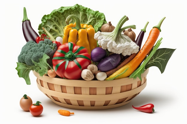 白い背景に分離されたおいしいと栄養価の高い新鮮な野菜新鮮な野菜のバスケット