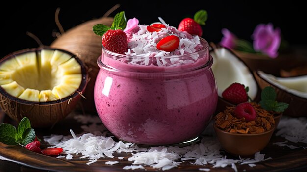 A delicious and nutritious meal would consist of a serving of pink pitaya smoothie garnished with fruit coconut flakes and linseed A view from a very elevated location