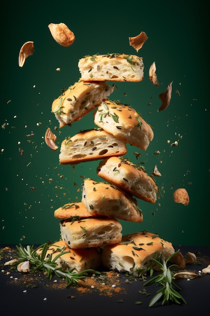 허브와 견과류를 곁들인 맛있고 영양가 있는 빵 더미 생성 AI로 향상된 이미지