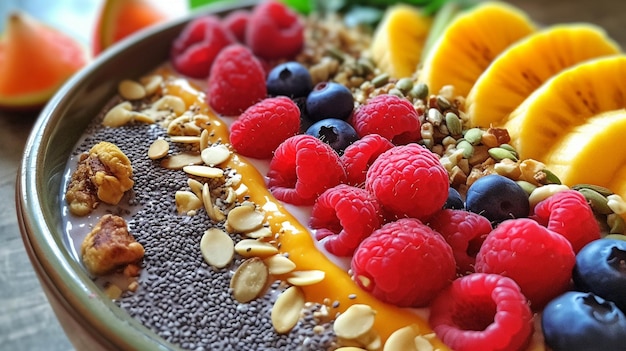 a delicious and nutritious smoothie bowl topped with a variety of fresh fruits nuts AI generated