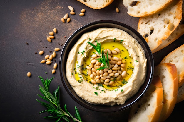 Delicious and Nutritious White Bean Hummus with Baked Garlic and Dried Herbs Top View with Copy