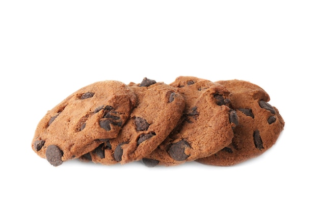 Delicious oatmeal cookies with chocolate chips on white background