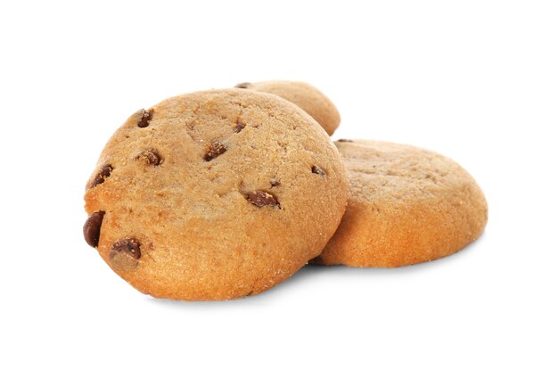 Delicious oatmeal cookies with chocolate chips on white background