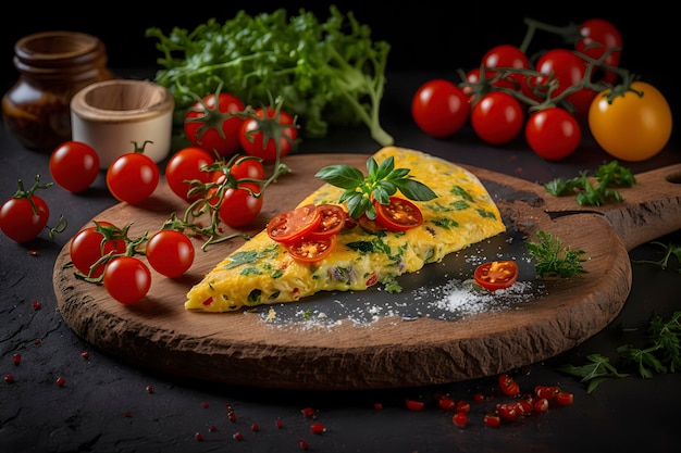 Delicious Omelet with Fresh Parsley and Juicy Cherry Tomatoes on a Plate with Copy Space