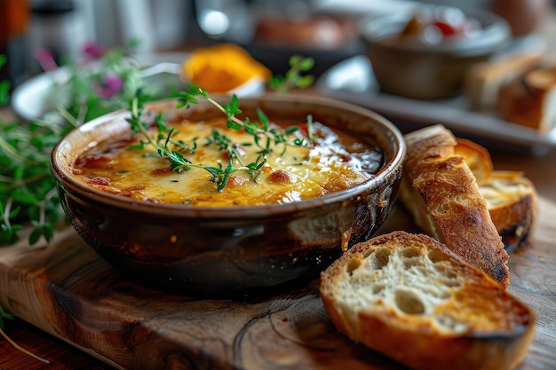 Delicious onion soup with croutons in a plate on the table french cuisine