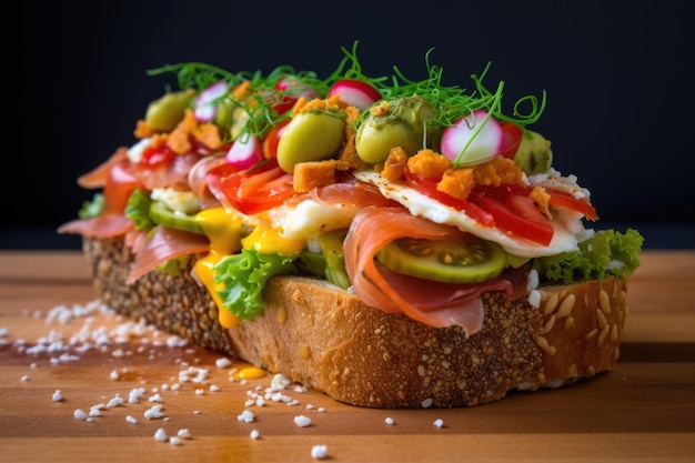 Delicious openfaced sandwich with toppings created with generative ai