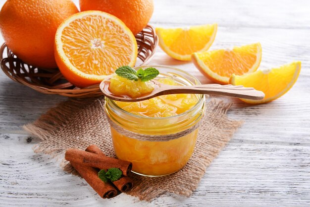 Delicious orange jam on table closeup