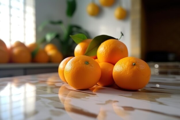 Foto deliziose arance in primo piano distese sul tavolo della cucina sullo sfondo