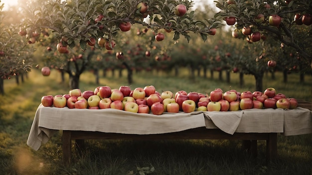 Delicious organic apples on the table in an apple orchard