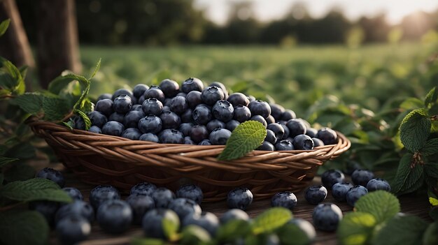 Delicious organic blueberries on the table in a blueberry orchard