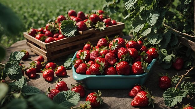 Delicious organic strawberries on the table in a strawberry orchard