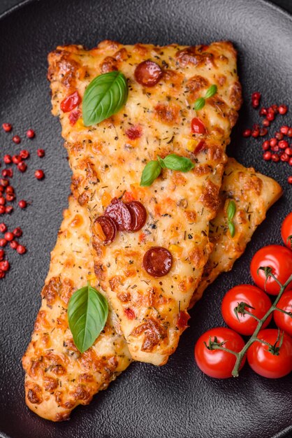 Delicious oven fresh flatbread pizza with cheese tomatoes sausage salt and spices