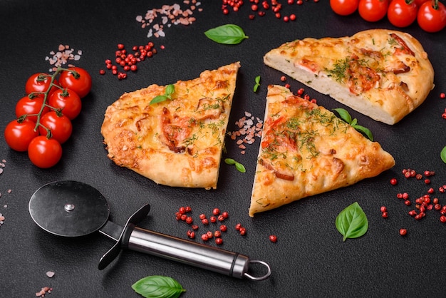 Delicious oven fresh flatbread pizza with cheese tomatoes sausage salt and spices
