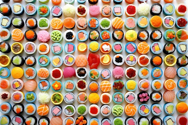 Delicious overhead shot of assorted sushi rolls perfect for food blogs and menus