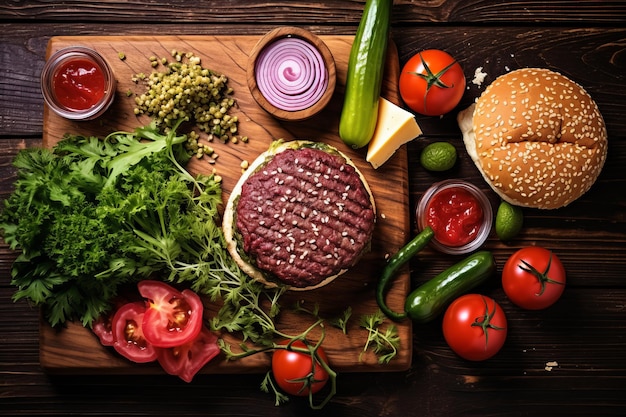 Photo delicious overhead shot mouthwatering burger ingredients on wooden board