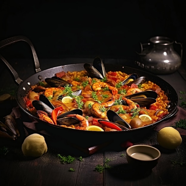 Delicious Paella Dish with Mussels and Shrimp AI Generated