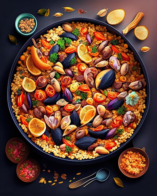 Фото Вкусная паэлья, вид сверху, со всеми ее изысканными ингредиентами