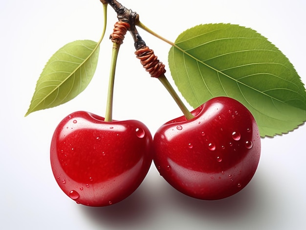 Delicious Pair of Cherries with Leaves on a Bright Background Generative AI