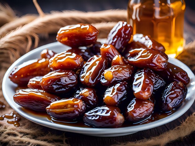 Delicious Palm dates fruit pouring with honey for Iftar Ramadan Kareem Islamic background Copy space