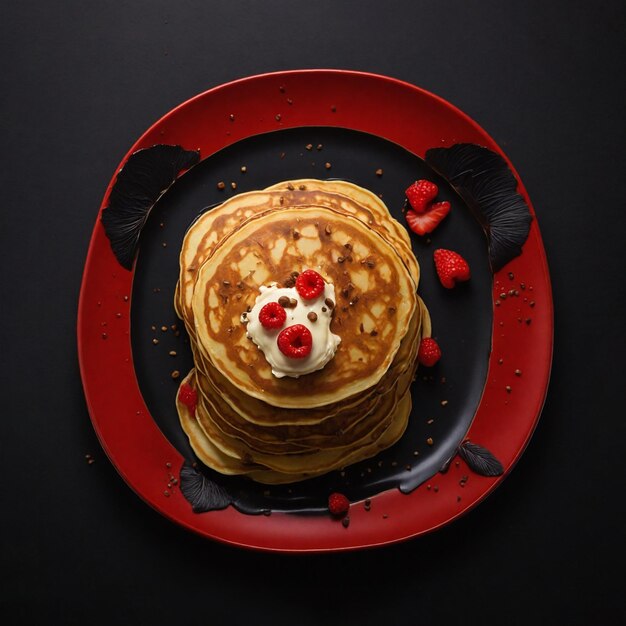 a delicious pancake on a red plate in the middle of a black background