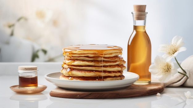 Delicious Pancakes and Maple Syrup Food Combination Fotorealistische horizontale illustratie Fluffy and Sweet Breakfast Ai Gegenereerde heldere illustratie met aromatische Pancakes en Maple Syrup
