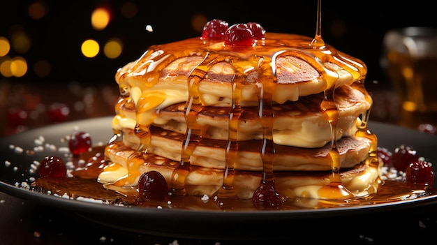 Delicious pancakes for breakfast with honey and berries AI generated