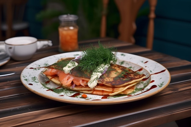 Delicious pancakes piled high with mouthwatering toppings of salmon