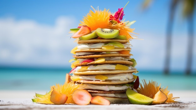 Photo delicious pancakes served with tropical fruits at beautiful sea view restaurant on the beach