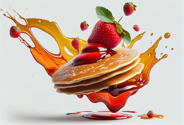 Вкусные блины с ягодным медом или кленовым сиропом на белой тарелке, изолированной AI
