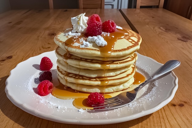 Delicious pancakes with berries on old wooden background