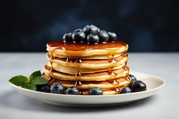 Delicious pancakes with blueberries and syrup on table