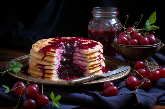 Delicious pancakes with blueberry jam under bright light accompanied by spoon and jar of jam