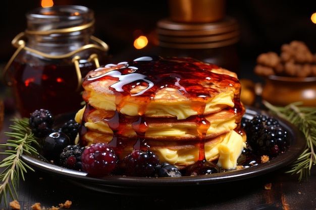 Foto deliziosi pancake con marmellata di mirtilli sotto una luce brillante accompagnati da un cucchiaio in barattolo